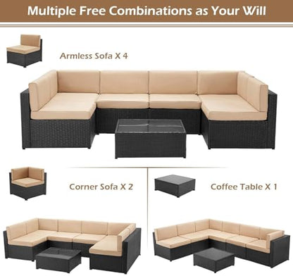 U-MAX 7 Piece Outdoor Patio Furniture Set, PE Rattan Patio Wicker Sectional Furniture Chair Set with Cushions and Tea Table, (Black Rattan&Beige Cushion)
