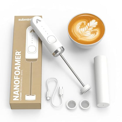 Subminimal Performance Milk Foamer - NanoFoamer Lithium Handheld Frother - Rechargeable, Dual-Speed - Microfoamed Milk in 30sec, Barista-Style Coffee Drinks at Home - White Special Edition