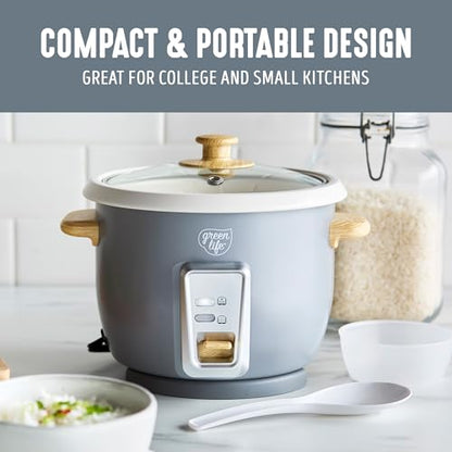 GreenLife Rice Cooker with Removable PFAS-Free Ceramic Nonstick Pot, 3-Cups Uncooked/6-Cups Cooked, Grains & Oatmeal Multicooker, Compact One-Switch Design, Auto Keep Warm, Easy Clean, Gray