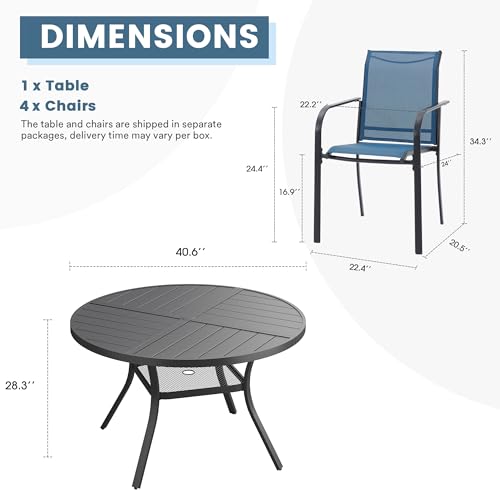 DIFY 5 Pieces Outdoor Patio Dining Set for 4, 40.6" Black Round Metal Dining Table and 4 Blue Stackable Sling Dining Chairs, Outdoor Table and Chairs for Lawn Garden Backyard Deck