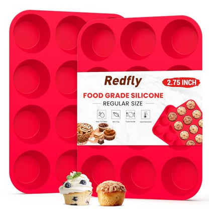 Redfly 2 Pack Silicone Muffin Pans for Baking & Cupcake Pan - 12 Cup Regular Size Silicone Molds, BPA Free Egg Bites Mold