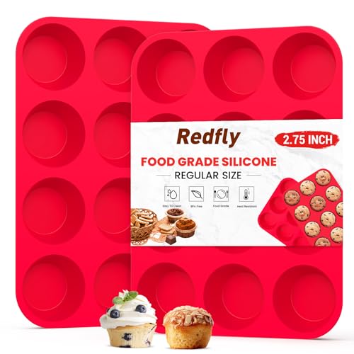 Redfly 2 Pack Silicone Muffin Pans for Baking & Cupcake Pan - 12 Cup Regular Size Silicone Molds, BPA Free Egg Bites Mold