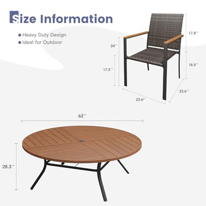 VICLLAX Round Patio Table and Chairs, 11 Pieces Outdoor Dining Set of Metal Patio Table with Storage Shelf and 10 Wicker Patio Stackable Chairs for Porch Yard Garden, Walnut Tabletop