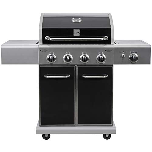 Kenmore 4-Burner BBQ Gas Grill with Searing Side Burner, Propane Grill, 52,000 BTUs, Warming Rack, Electronic Ignition & Cast Iron Cooking Grates, Black/Stainless Steel