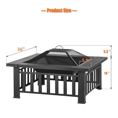 EcoNook 36 inch Fire Pit, Square Outdoor Fire Pit Table with Spark Screen & Fire Poker, 3-in-1 Multipurpose Firepits for Outside, Fireplace for Yard, Garden, Patio