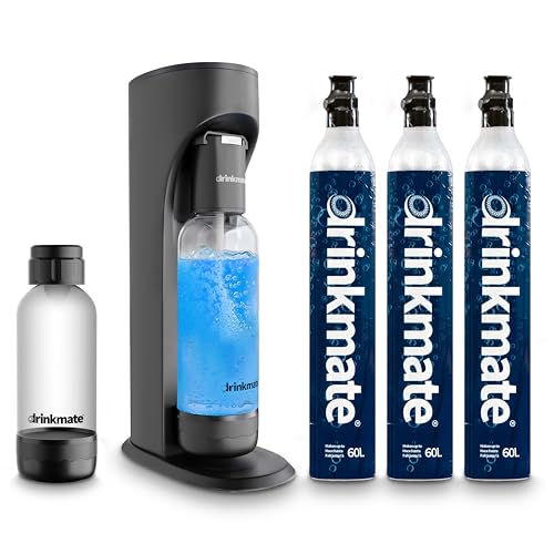 Drinkmate OmniFizz Sparkling Water Maker & Soda Streaming Machine | Carbonates Any Drink | ULTIMATE BUNDLE | Includes Three 60L CO2 Cartridges + Two BPA-Free Bottles (Matte Black)
