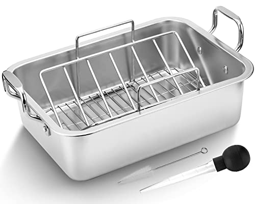 15 Inch Stainless Steel Roasting Pan with Cooling Rack - Turkey, Chicken, Ham Roaster with V-Shaped Baking Rack by Kendane