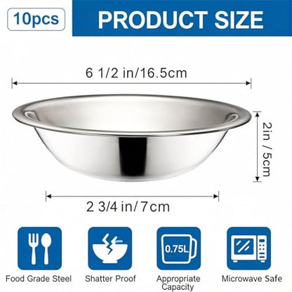Okllen 10 Pack Small Stainless Steel Bowls, 6 1/2 Inch Wide Kitchen Metal Bowl with Flat Base, 3/4 Quart Prep Bowls for Meal Prep, Cooking, Serving, Baking