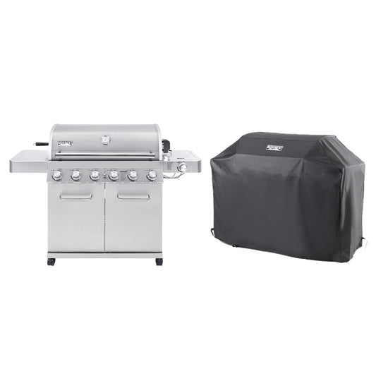 Monument Grills 77352 6-Burner Stainless Steel Cabinet Style Propane Gas Grill with Knob Controls, Built-In Thermometer with BBQ Cover(2 Items)