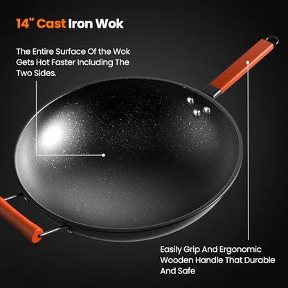 VEXMAECY 1800W Induction Wok,Stainless Steel Electric Wok Used For Home And Commercial,Temp From 140°F to 460°F,Concave Surface Dual Control 10 Power 24H Timer,14-inch Cast Iron Wok Included