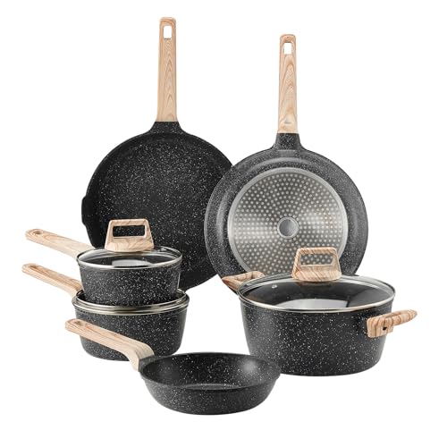 VEVOR 17 Piece Pots and Pans Set Nonstick, Granite Cookware Set, Induction Cookwares, Kitchen RV Cooking Sets with Frying, Sauce, Saute, Tempered Glass Lids, and Pan Protectors, Black