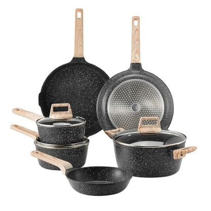 VEVOR 17 Piece Pots and Pans Set Nonstick, Granite Cookware Set, Induction Cookwares, Kitchen RV Cooking Sets with Frying, Sauce, Saute, Tempered Glass Lids, and Pan Protectors, Black