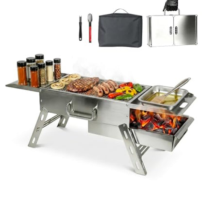 Zarkind Portable Tabletop Charcoal Grill, Foldable Stainless Steel Mini BBQ Grill with Carry Bag, Lightweight Small Camping Picnic Travel Tailgating Patio Grill