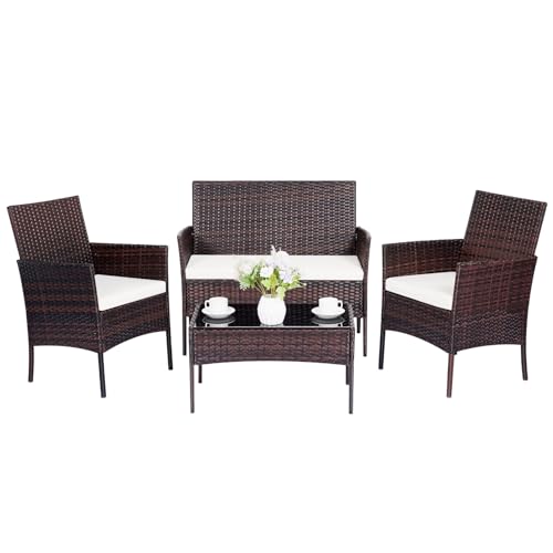 PAIQIAN Patio Furniture Set 4 Pieces, Outdoor Rattan Furniture with Tempered Glass Coffee Table, Modern Rattan Patio Chairs Conversation Sets with Sofa for Garden, Terrace, Porch, Lawns Brown/Beige