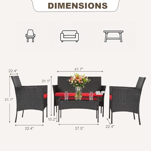 FDW 4-Piece Patio Furniture Set | Red | Outdoor Wicker Furniture