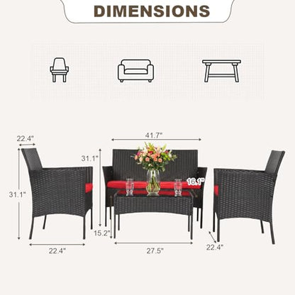 FDW 4-Piece Patio Furniture Set | Red | Outdoor Wicker Furniture