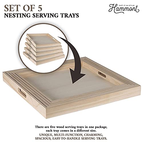 Hammont Wooden Square Trays - Five Piece Nested Serving & Organizing Trays - Rustic Brown Solid Wood - Set of 5 (16x16x1.5", 15.3x15.3x1.5", 14.5x14.5x1.4", 13.75x13.75x1.25", 13x13x1.1")
