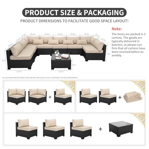 Rattaner 9 Pieces Outdoor Sectional All-Weather Wicker Patio Furniture Set Patio Sectional Glass Patio Table Non-Slip Cushions and Waterproof Covers, Khaki