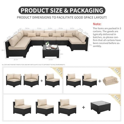 Rattaner 9 Pieces Outdoor Sectional All-Weather Wicker Patio Furniture Set Patio Sectional Glass Patio Table Non-Slip Cushions and Waterproof Covers, Khaki