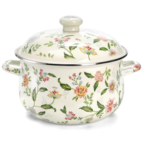Jucoan 5 Quart Enamel Stockpot with Lid, Green Floral Enamelware Cooking Pot with Dual Handles for Stovetop, Large Soup Pot Potpourri Simmer Pot Gift for Housewarming Bridal Shower Mother's Day