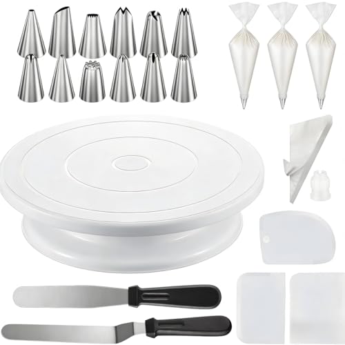 69 Pcs Cake Decorating Set- Includes Cake Stand Turntable,12 Icing Piping Tips Set, 50 Piping Bags, 3 Scrapers, 2 Frosting Spatulas and 1 couplers, Baking Supplies Kit for Home Bakers and Professional