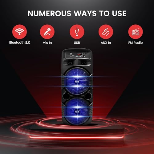 Pyle Portable Bluetooth PA Speaker System - 600W Rechargeable Outdoor Bluetooth Speaker Portable PA System w/ Dual 8” Subwoofer 1” Tweeter, Microphone In, Party Lights, USB, Radio, Remote - PPHP2835B