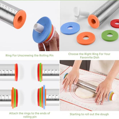 Rolling Pin nonstick and Silicone Baking Pastry Mat combo kit, Adjustable Rolling Pin With Thickness Rings for Baking Fondant, Pizza, Pie, Pastry, Pasta, Dough, Cookies (red)