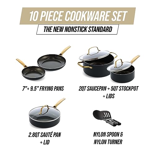 Blue Diamond Gold 10 Piece Cookware Pots and Pans Set, Induction Suitable, Diamond Infused PFAS-Free Ceramic Nonstick, Durable, Metal Utensil Safe, Dishwasher Safe, Gold Handle, Black