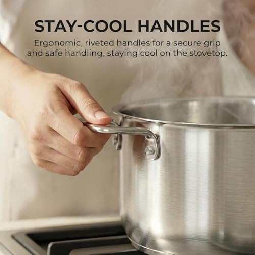 Sunhouse Stock Pot with Lid - 6.5 QT Large Pot for Cooking Pasta, Soup, Spaghetti - Ultra Thick 5-ply Base 18/8 Stainless Steel Pots for Canning, Boiling - Oven Safe & Induction Compatible Cookware