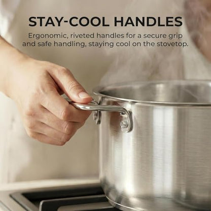 Sunhouse Stock Pot with Lid - 6.5 QT Large Pot for Cooking Pasta, Soup, Spaghetti - Ultra Thick 5-ply Base 18/8 Stainless Steel Pots for Canning, Boiling - Oven Safe & Induction Compatible Cookware