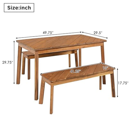 SOFTSEA 3-Piece Outdoor Patio Dining Table Set, Acacia Wood Picnic Table with 2 Benches, Indoor Outdoor Dining Set for Garden, Porch and Poolside, Natural