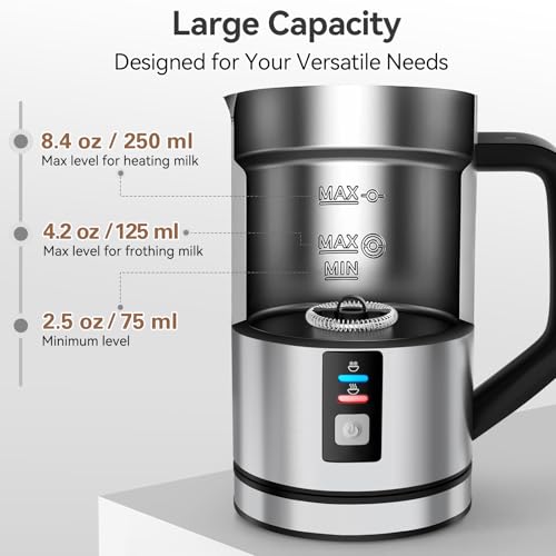 Secura Milk Frother, Electric Milk Steamer Stainless Steel, 8.4oz/250ml Automatic Hot and Cold Foam Maker and Milk Warmer for Latte, Cappuccinos, Macchiato, 120V
