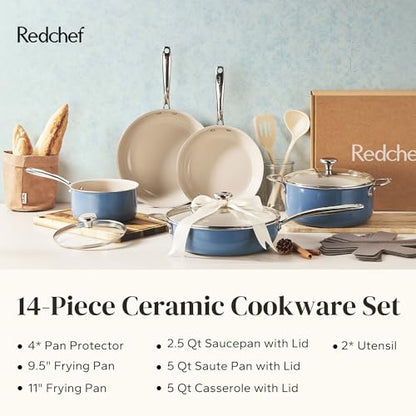 Redchef Ceramic Nonstick Cookware Set,14pcs Pots and Pans Set Non Stick,Induction Cookware with Stainless Steel Handle,Non Toxic Kitchen Cooking Set,Dishwasher & Oven Safe,PFAS PFOA & PTFE Free（Blue）