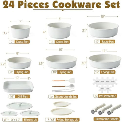 SENSARTE 24 Piece Pots and Pans Set, Nonstick Detachable Handle Cookware, Induction Kitchen Cookware Set with Removable Handle, Healthy Non Stick for RV, Dishwasher ＆ Oven Safe (White)