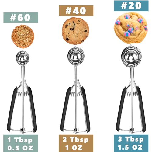 HOMURE H Cookie Scoop Set, Include 1 Tbsp/2 Tbsp/3 Tbsp, Cookie Dough Scoop, Cookie Scoops for Baking Set of 3, 18/8 Stainless Steel, Good Grip, Non-Slip, For Cookies Cupcake Muffin Ice Cream waffle