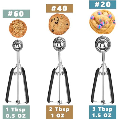 HOMURE H Cookie Scoop Set, Include 1 Tbsp/2 Tbsp/3 Tbsp, Cookie Dough Scoop, Cookie Scoops for Baking Set of 3, 18/8 Stainless Steel, Good Grip, Non-Slip, For Cookies Cupcake Muffin Ice Cream waffle