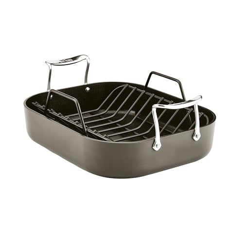 All-Clad Essentials Hard Anodized Nonstick Roaster with Rack 11x14 Inch Oven Broiler Safe 500F Roaster Pan, Pots and Pans, Cookware Black