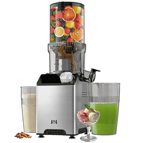 WHUTO Cold Press Juicer, Wide Feed Chute Juicer Machines, Stainless Steel Slow Masticating Juicers Easy to Clean, Vegetables & Fruits Juice Extractor, High Juice Yield, Platinum Color Knob