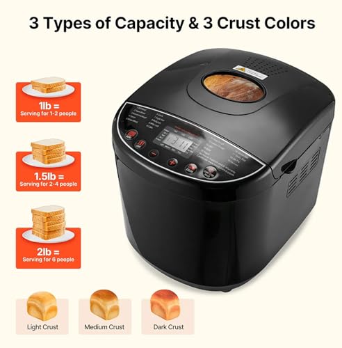 Bread Maker, 19-in-1 2LB Dough Machine, Nonstick Ceramic Pan Automatic Breadmaker with Gluten Free Setting, Automatic Compact Dough Machine Nonstick,Digital,3 Loaf Sizes, 2 Crust Colors, Black