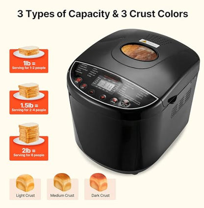 Bread Maker, 19-in-1 2LB Dough Machine, Nonstick Ceramic Pan Automatic Breadmaker with Gluten Free Setting, Automatic Compact Dough Machine Nonstick,Digital,3 Loaf Sizes, 2 Crust Colors, Black