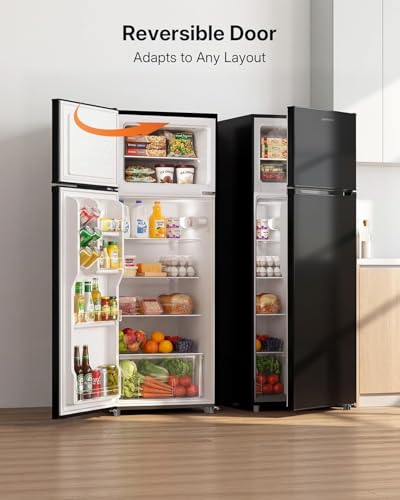 VECU 4.2 Cu.Ft Compact Refrigerator Double Door, Separate Fridge & Freezer Zones, Adjustable Thermostat, Mini Fridge for Kitchen Apartment Dorm Black