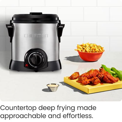 Chefman Fry Guy Deep Fryer with Removable Basket, Easy-to-Clean Non-Stick Coating and Cool-to-Touch Exterior, Adjustable Temperature Control, 4.2 Cup/ 1 Liter Capacity, Stainless Steel