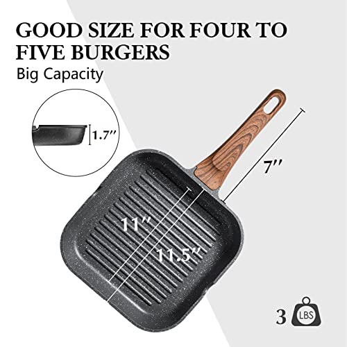 SENSARTE Nonstick Grill Pan for Stove Tops, Versatile Griddle Pan with Pour Spouts, Square Grill Pan for Big Cooking Surface, Durable Grill Skillet for Indoor & Outdoor Grilling. PFOA Free, 11 Inch