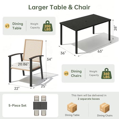 Aoxun 5-Piece Wicker Patio Table and Chairs Set for 4 with Umbrella Hole