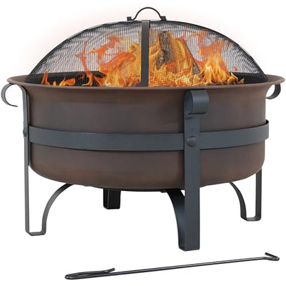 Sunnydaze 29-Inch Cauldron Wood-Burning Outdoor Fire Pit for Patio and Backyard - Round Steel Outside Firepit Bowl with Removable Ash Pan, Spark Screen, and Poker Tool - Dark Bronze Finish