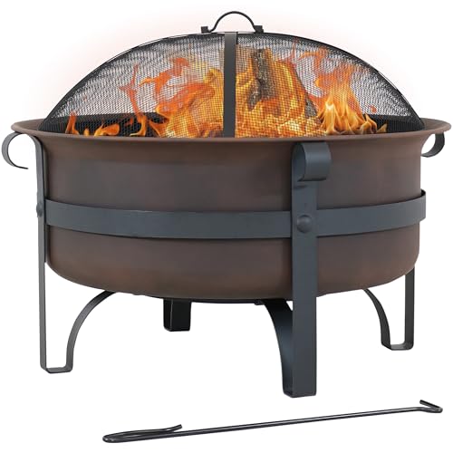 Sunnydaze 29-Inch Cauldron Wood-Burning Outdoor Fire Pit for Patio and Backyard - Round Steel Outside Firepit Bowl with Removable Ash Pan, Spark Screen, and Poker Tool - Dark Bronze Finish