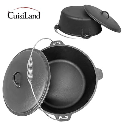 Cuisiland 12 Quart Cast Iron Dutch Oven with Dome Lid & Bail Handle – Pre-Seasoned Large Campfire Pot for Outdoor Cooking, Roasting, Baking & Stews – Heavy-Duty Cookware with Even Heat Distribution