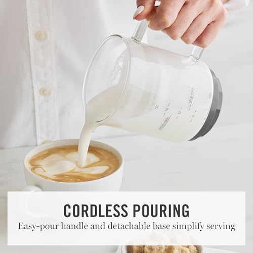 Martha Stewart Milk Frother and Steamer, 10oz/300ml Glass Cup, 4 Presets (Cold Foam, Light, Dense & Hot Chocolate), Ready in 90 Seconds, Cordless Pouring, One-Touch for Hot and Cold Milk, Linen Cream