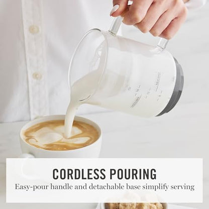 Martha Stewart Milk Frother and Steamer, 10oz/300ml Glass Cup, 4 Presets (Cold Foam, Light, Dense & Hot Chocolate), Ready in 90 Seconds, Cordless Pouring, One-Touch for Hot and Cold Milk, Linen Cream