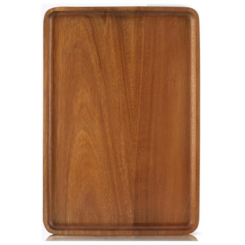 Charmlife 1 pcs 15"x 10" Solid Acacia Wood Serving Tray Rectangular Wooden Serving Platter Natural Wooden Board for Bar Coffee Party